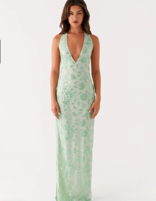 Damen Elegantes Langarmkleid mit floralem Spitzenüberzug und tiefem V-Ausschnitt EB