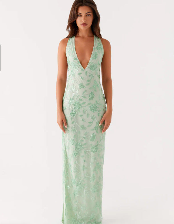 Damen Elegantes Maxikleid mit tiefem V-Ausschnitt und floralen Stickereien EB