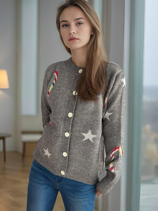 Damen Strickjacke mit festlichem Motiv und dekorativen Knöpfen EB