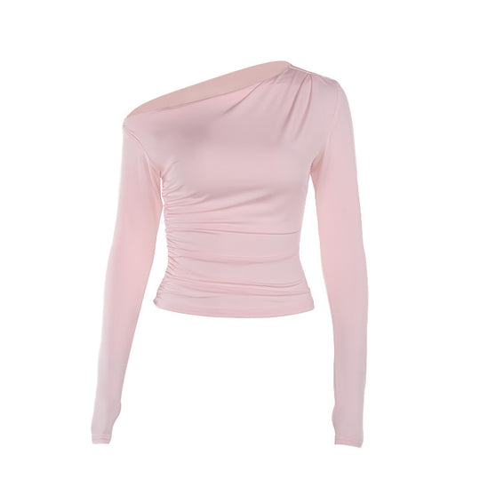 Damen Langarm-Crop-Top mit asymmetrischem Ausschnitt und Raffung EB