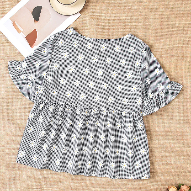 Damen Kurzarm Bluse mit floralem Design und Rüschendetails EB
