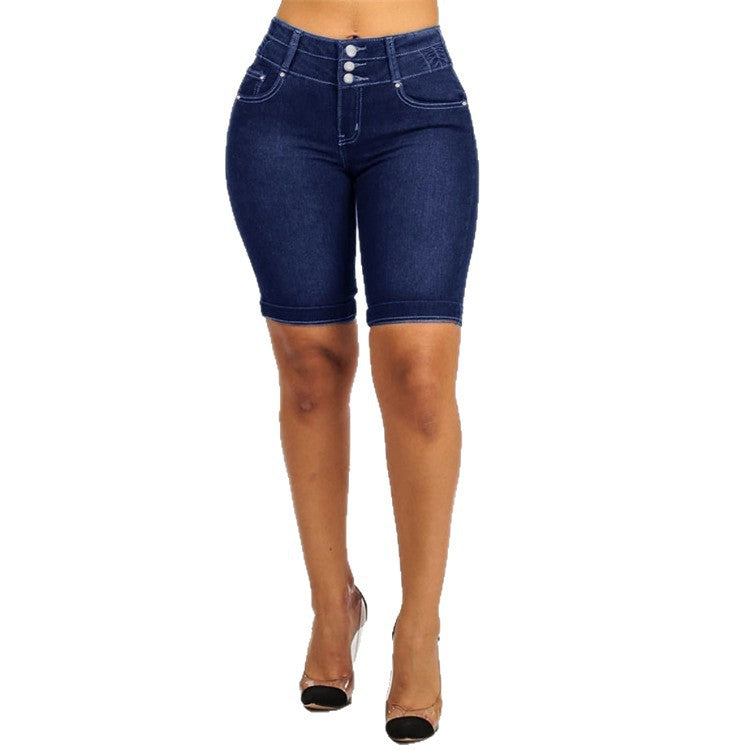 Damen Jeans-Shorts mit hohem Taillenbund und modischen Knopfdetails EB