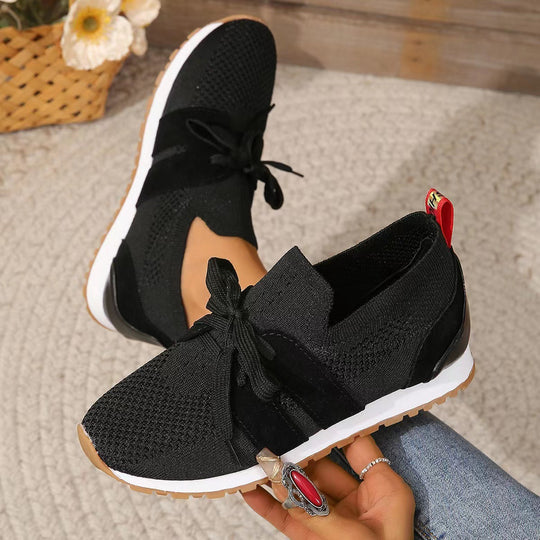 Damen nan gestrickter Slip-On Sneaker mit dekorativer Schnürung, gepolstertem Komfortfußbett und rutschfester Gummiprofilsohle EB
