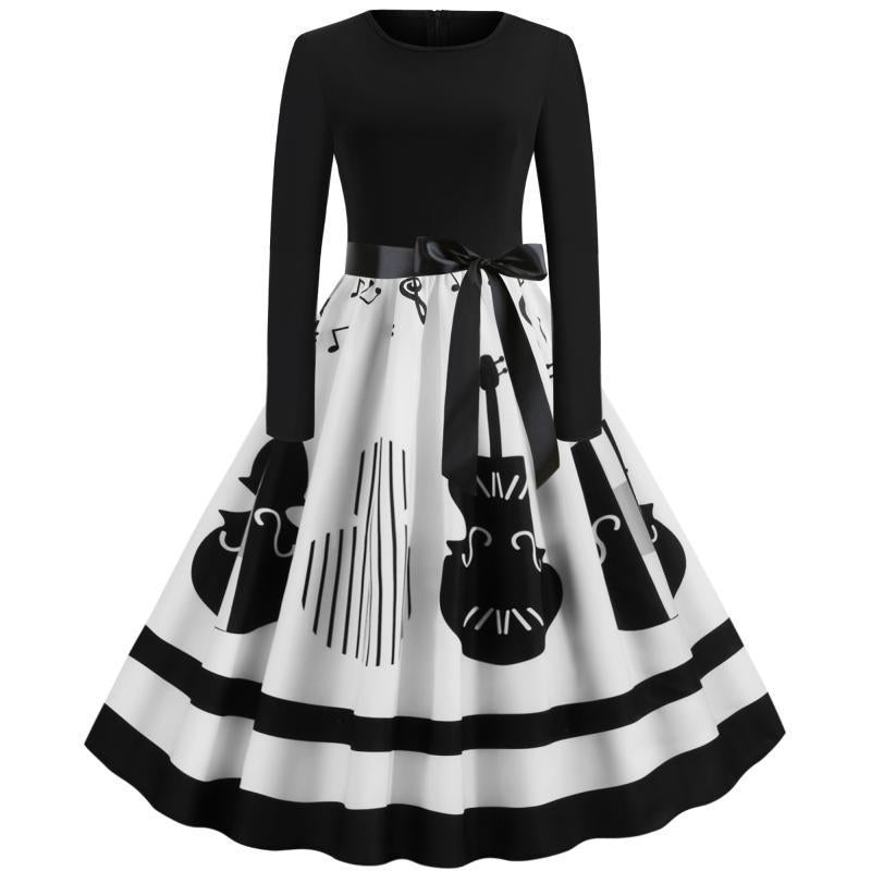 Damen Swing-Kleid im Retro-Stil mit instrumentalem Print, tailliertem Oberteil und voluminösem Tellerrock EB