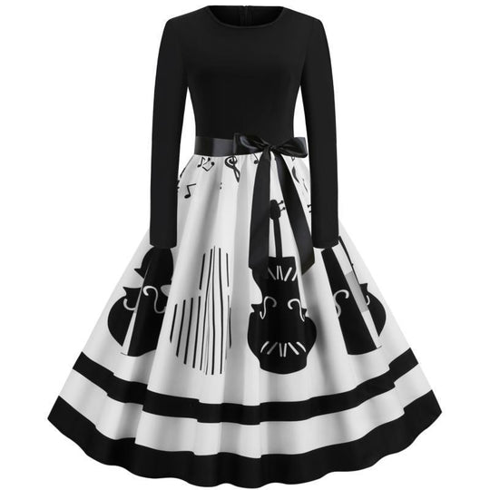 Damen Swing-Kleid im Retro-Stil mit instrumentalem Print, tailliertem Oberteil und voluminösem Tellerrock EB