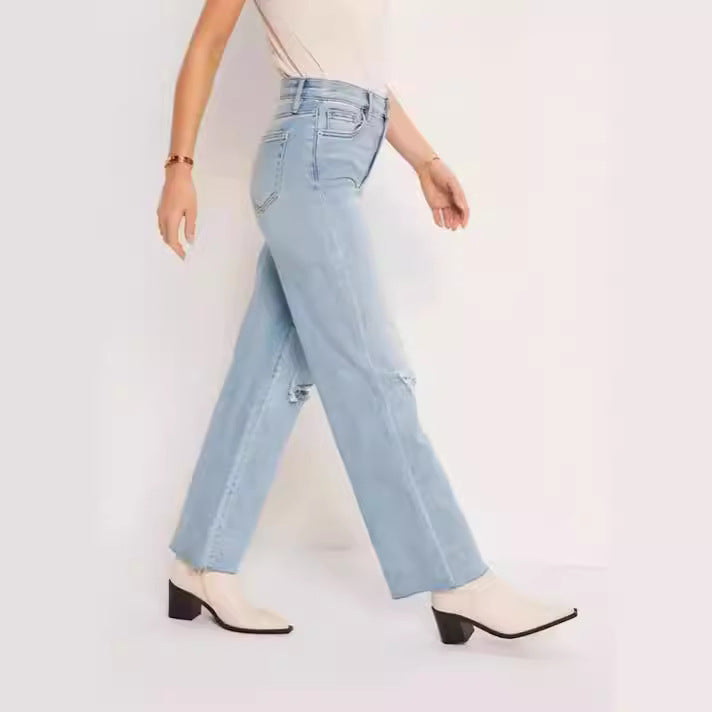 Damen Weit geschnittene High-Waist Jeans mit modischen Destroyed-Details EB