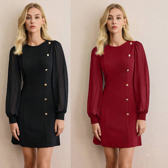 Damen elegantes Minikleid mit Puffärmeln und dekorativen Knopfdetails EB
