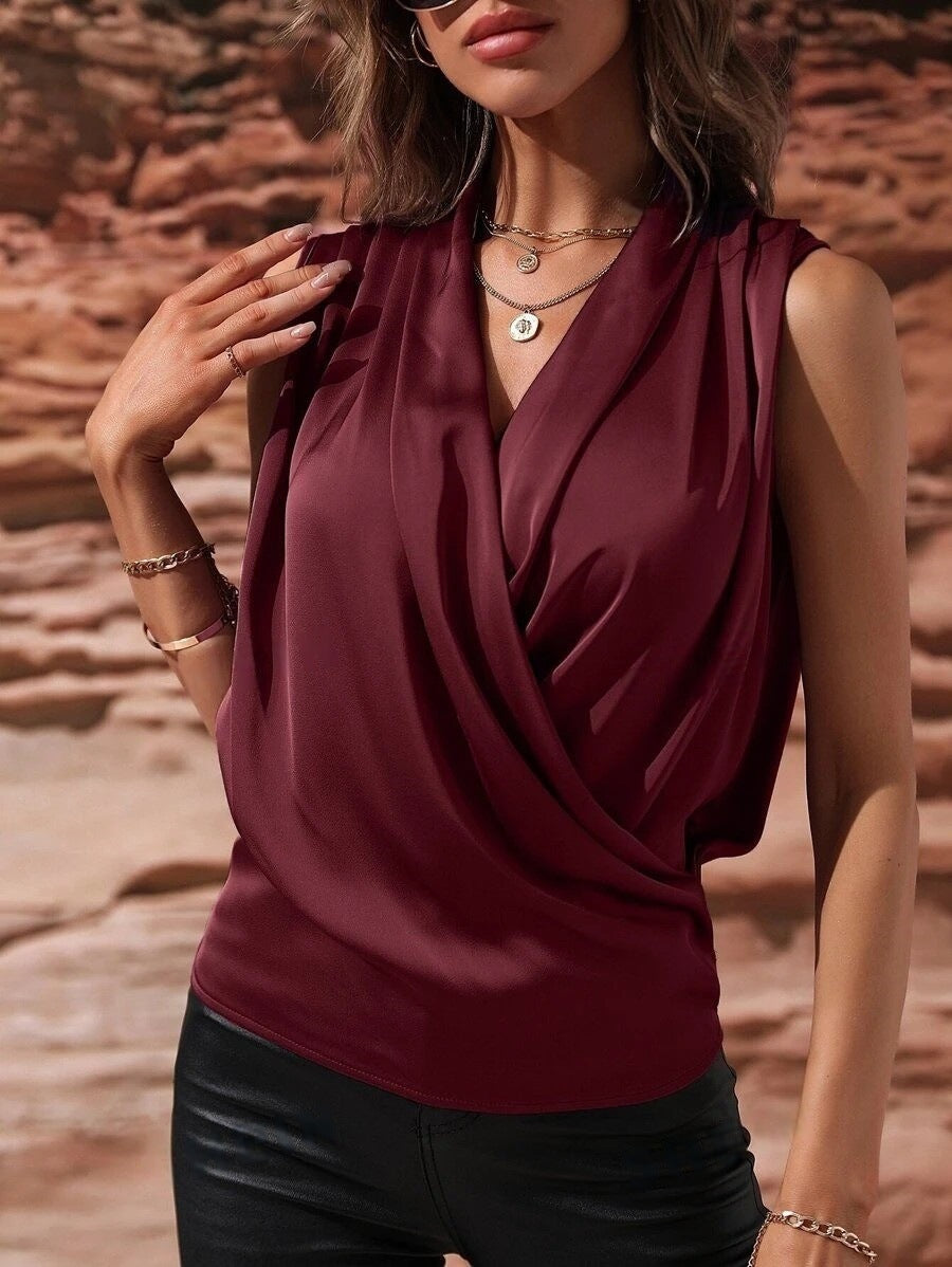 Damen elegantes Oberteil mit Wickeldesign und gerafftem Schnitt EB