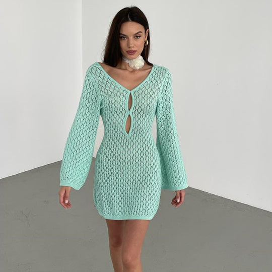 Damen elegantes Häkelkleid mit tiefem Ausschnitt EB