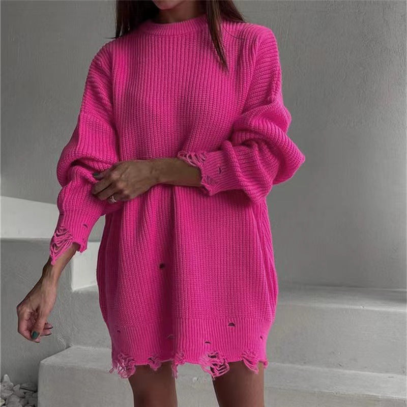 Damen Oversize Grobstrick-Minikleid mit Destroy-Effekt und Rundhalsausschnitt EB