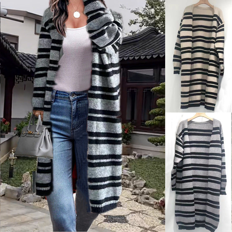 Damen Langer Strickcardigan mit modernen Streifen und lässigem Schnitt EB