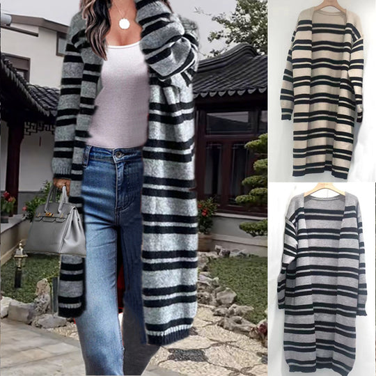 Damen Langer Strickcardigan mit modernen Streifen und lässigem Schnitt EB