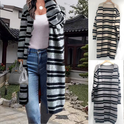 Damen Langer Strickcardigan mit modernen Streifen und lässigem Schnitt EB