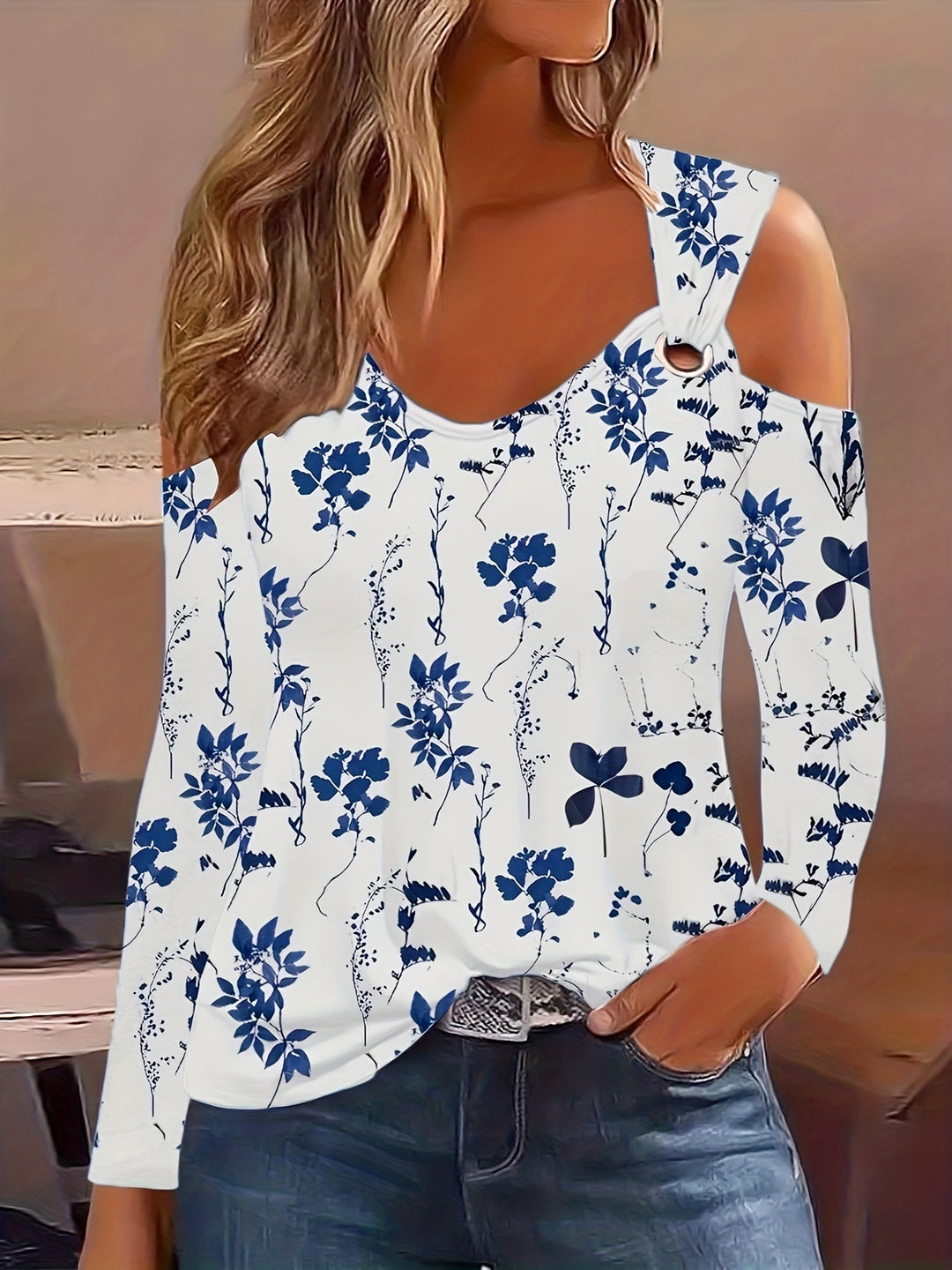 Damen Elegantes Langarmshirt mit kühlem Schulterdesign und floralem Druck EB