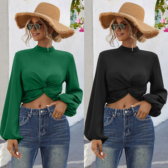 Damen modisches Cropped Blusenoberteil mit voluminösen Ärmeln und eleganter Knopfleiste EB