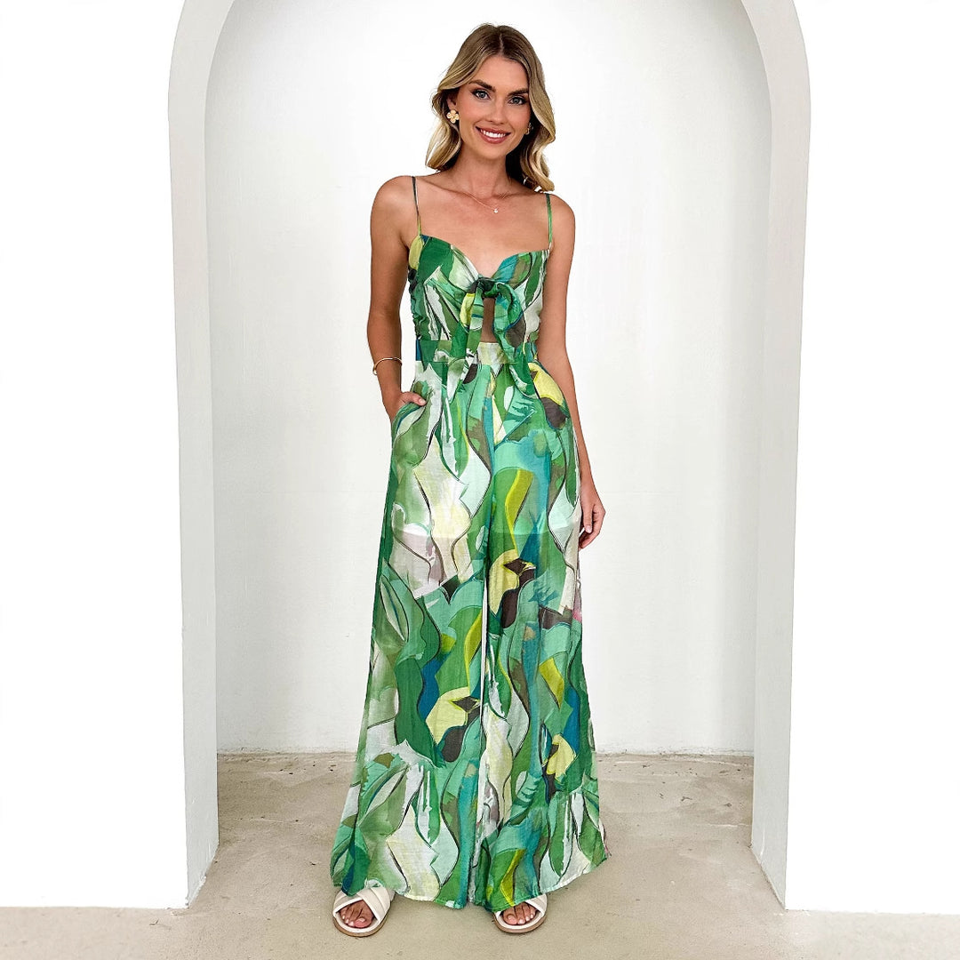Damen Eleganter Jumpsuit mit floralem Design und verstellbaren Spaghettiträgern EB