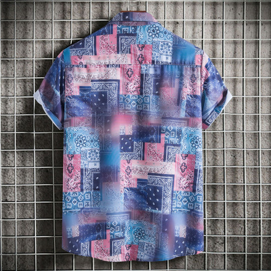 Herren Kurzarmhemd im kreativen Bandana-Design mit stilvollem Stehkragen EB