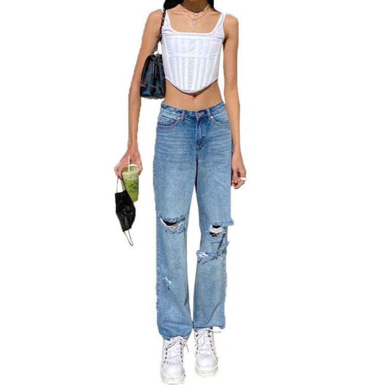 Damen nan hochgeschnittene weite Jeanshose im Baggy-Stil mit Knieausfransungen und elastischem Saum EB
