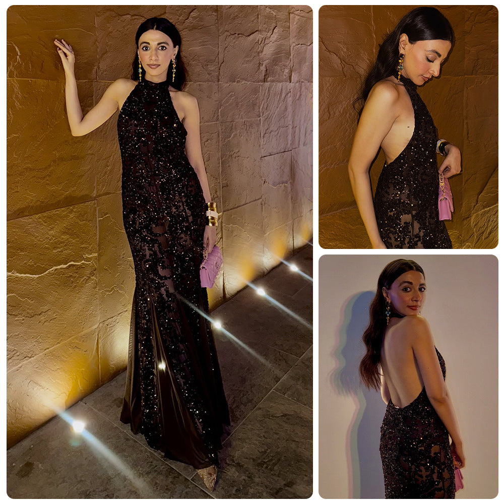 Damen Abendkleid mit schimmerndem Paillettenbesatz und stilvollem Halterdesign EB