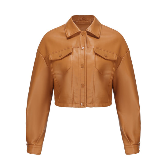 Damen nan kurze Lederjacke im Trucker-Stil mit kastiger Cropped-Passform EB