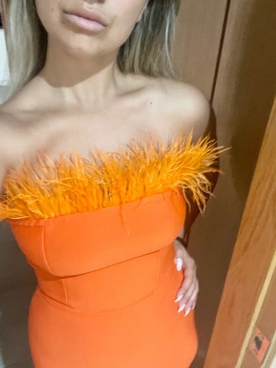 Damen Cocktailkleid mit extravagantem Federn-Ausschnitt und figurbetontem Schnitt EB