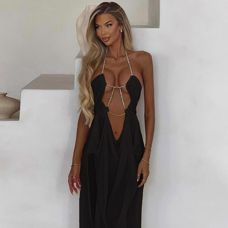 Damen Glamouröses Maxi-Kleid mit transparentem Design und geschmückten Ausschnitten EB