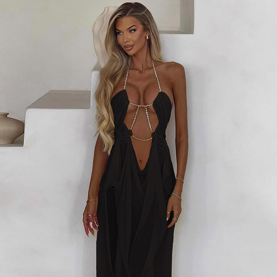 Damen Glamouröses Maxi-Kleid mit transparentem Design und geschmückten Ausschnitten EB
