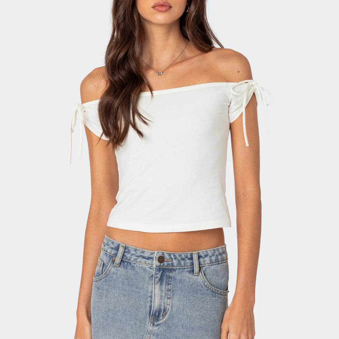 Damen raffiniertes Off-Shoulder T-Shirt mit eleganten Bindebändern EB