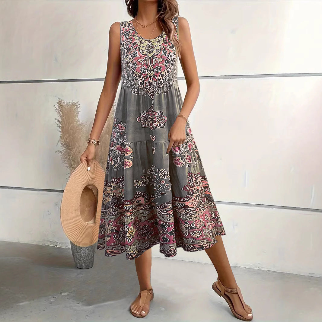 Damen Maxi-Kleid mit verspieltem Ethnomuster und schwingendem Schnitt EB