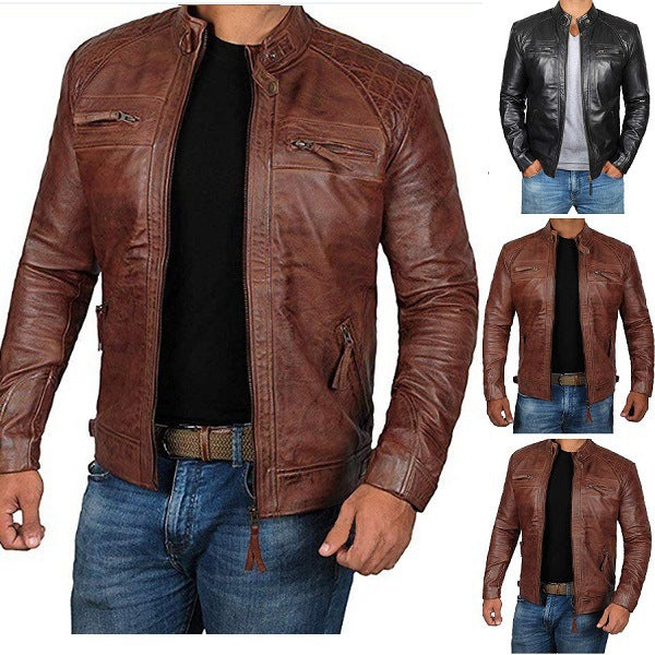 Herren Lederjacke mit Stehkragen und Ziernähten EB