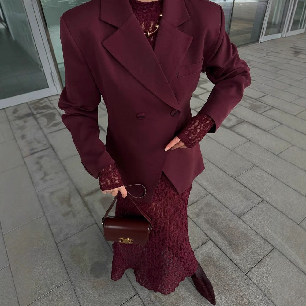 Damen Maxikleid aus feiner Spitze mit langem Arm und hochgeschlossenem Design EB