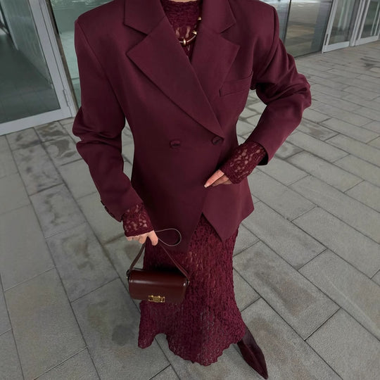 Damen Maxikleid aus feiner Spitze mit langem Arm und hochgeschlossenem Design EB