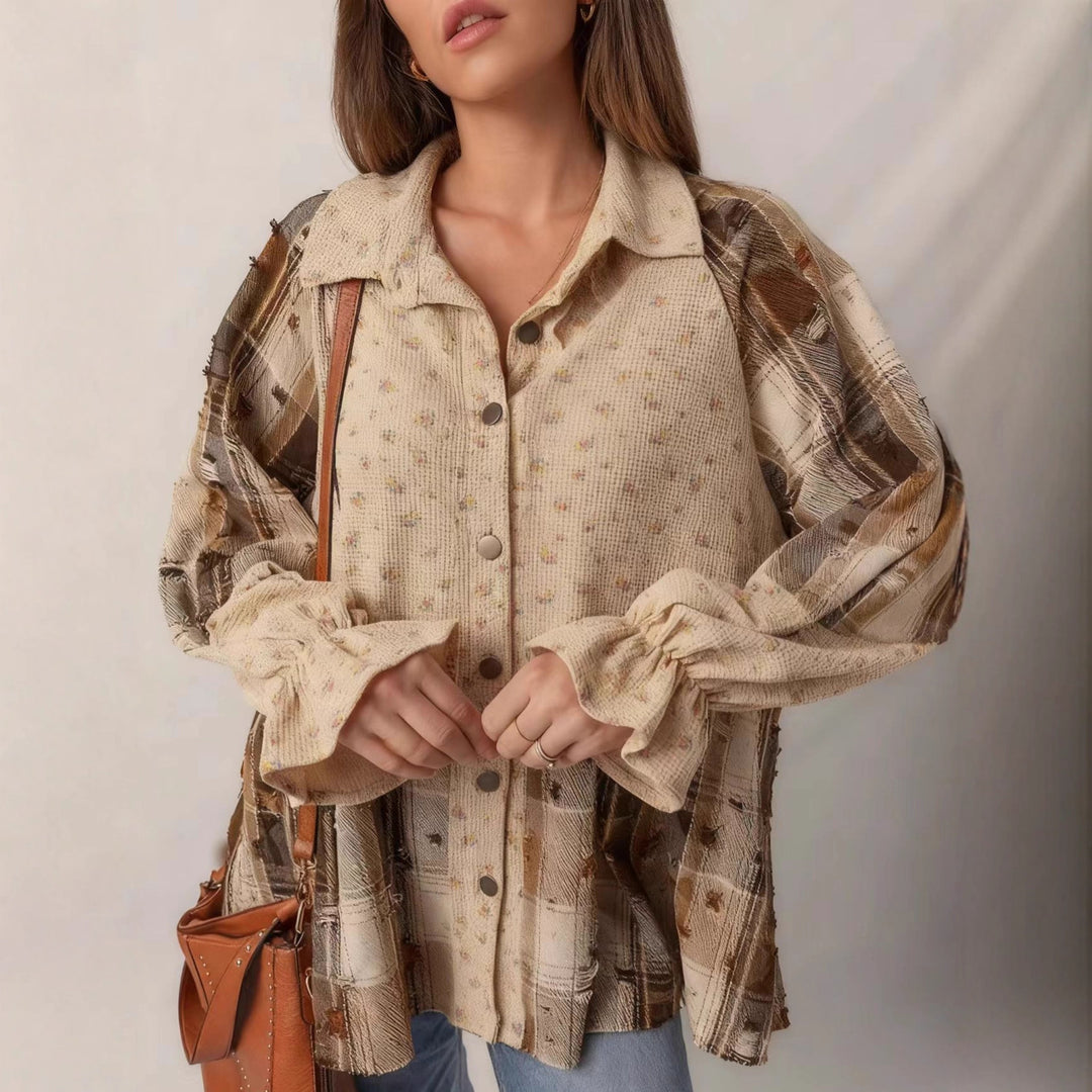Damen Patchwork-Bluse-Jacke mit plissiertem Saum und Knopfleiste EB