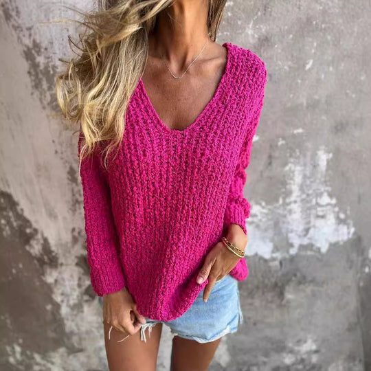 Damen Bequemes V-Ausschnitt Sweatshirt mit Struktur und langen Ärmeln EB