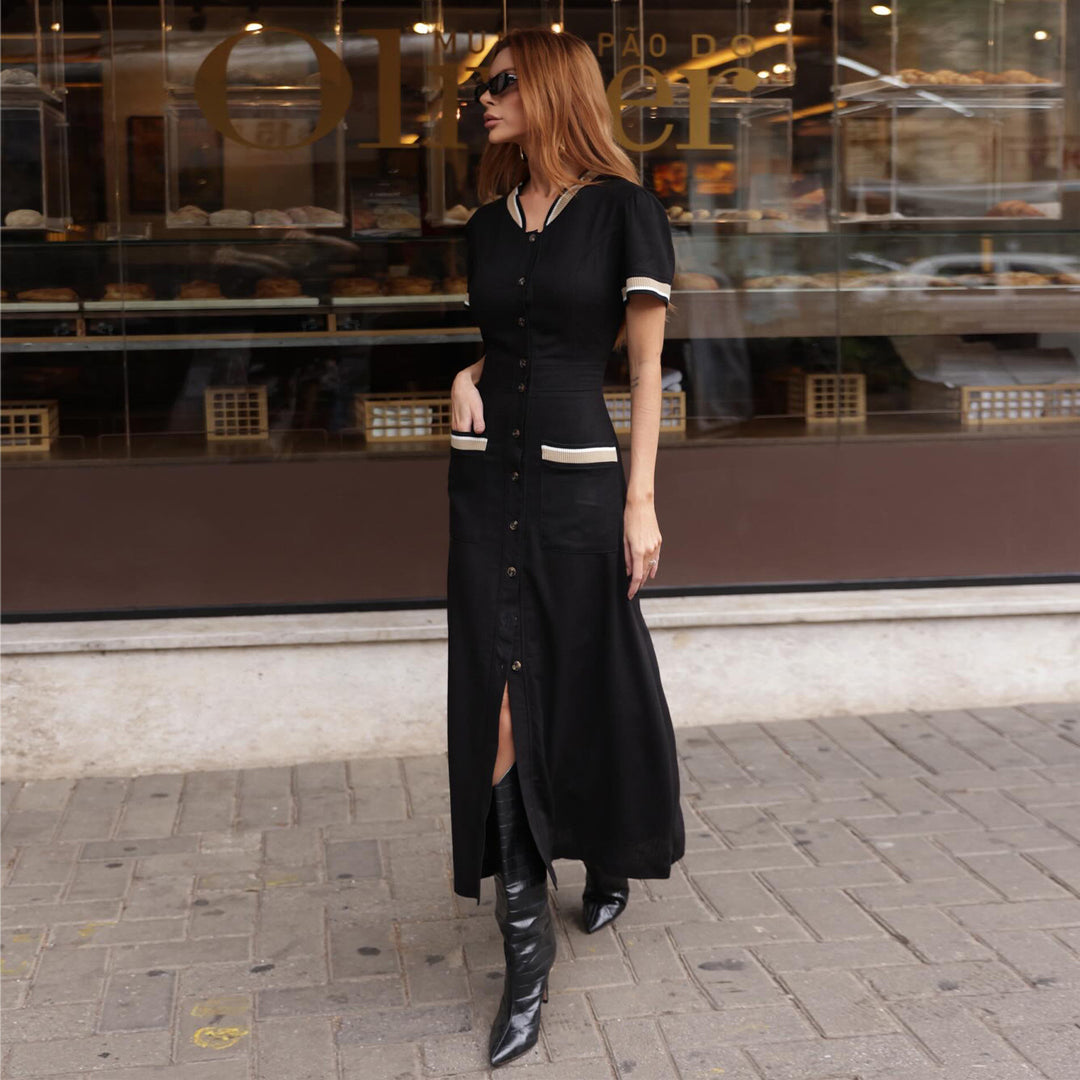 Damen Maxikleid mit eleganter Knopfleiste und seitlichem Schlitz EB