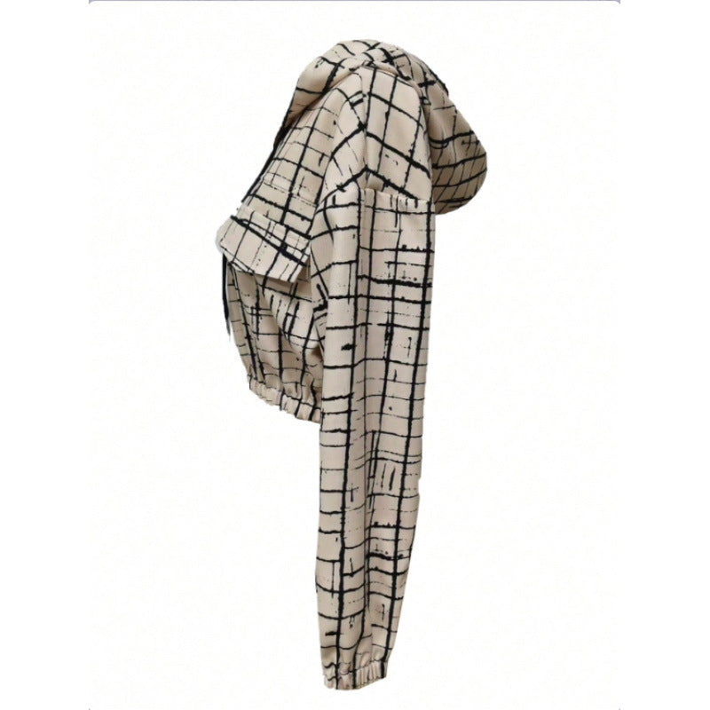 Damen stylische kurz geschnittene Jacke mit geometrischem Muster und moderner Kängurutasche EB