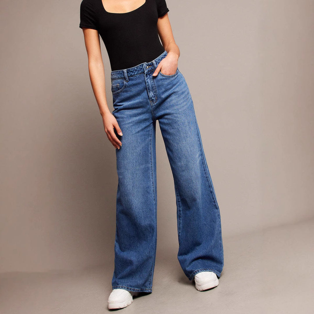 Damen Weit geschnittene High-Waist Jeans mit eleganten Falten EB