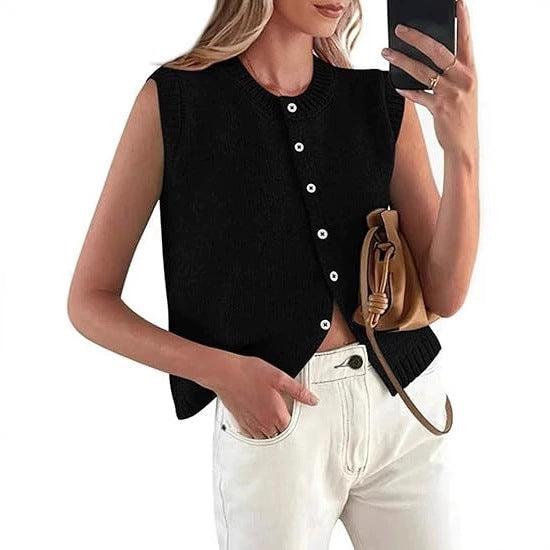 Damen lässige Strickweste mit Knopfleiste und Rundhalsausschnitt EB