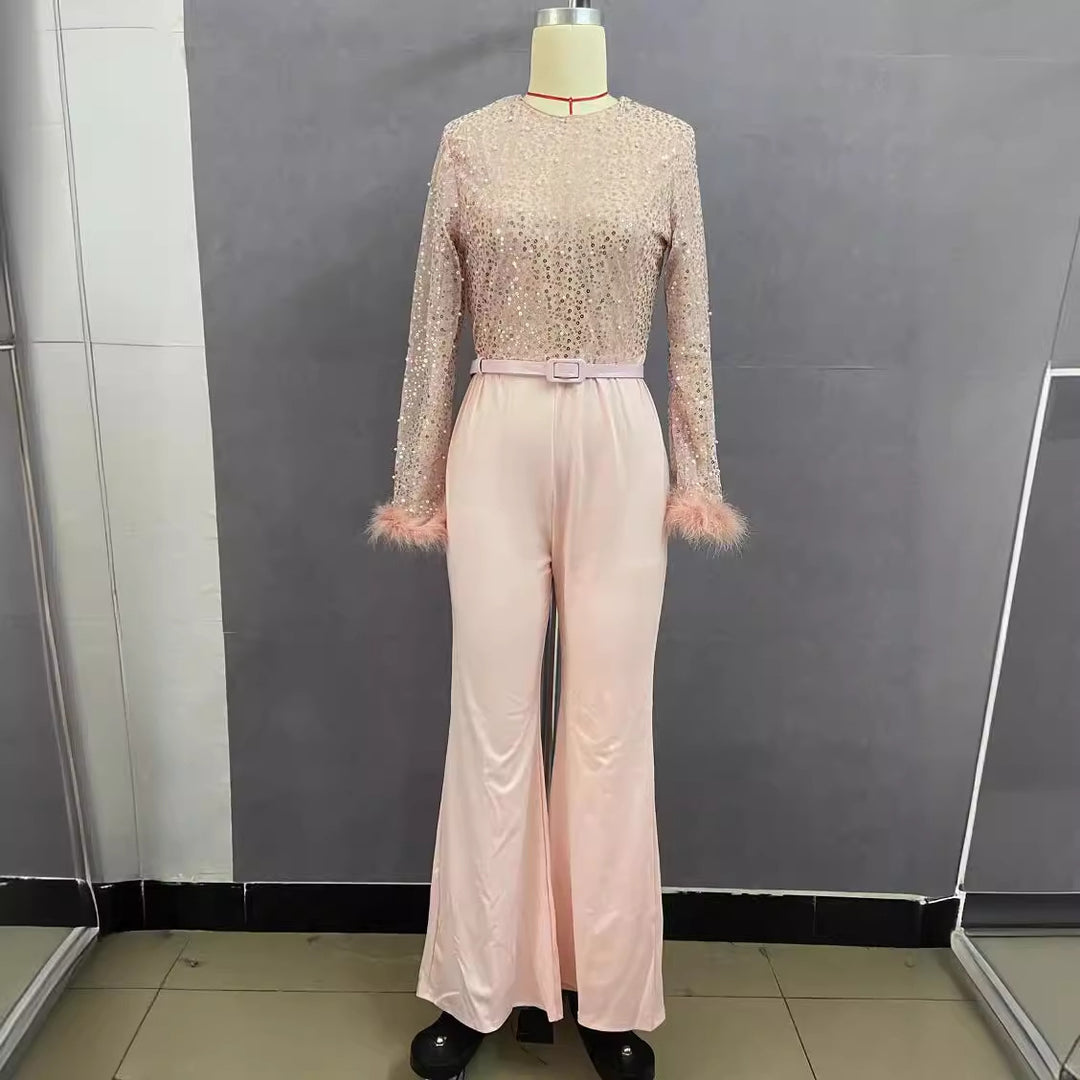 Damen Glitzerndes Oberteil mit langen Ärmeln und eleganter Hose EB