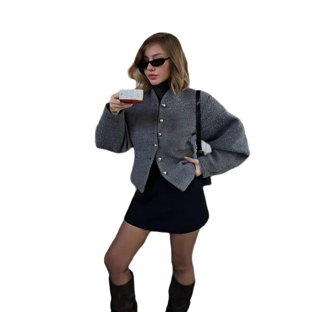 Damen elegante Kurzjacke mit stilvollen Knöpfen und voluminösen Ärmeln EB