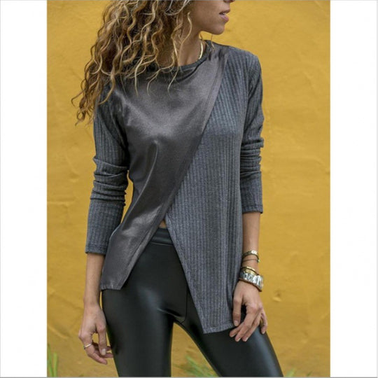 Damen Asymmetrisches Longsleeve mit Lederoptik‑Overlay und Rippstrick EB