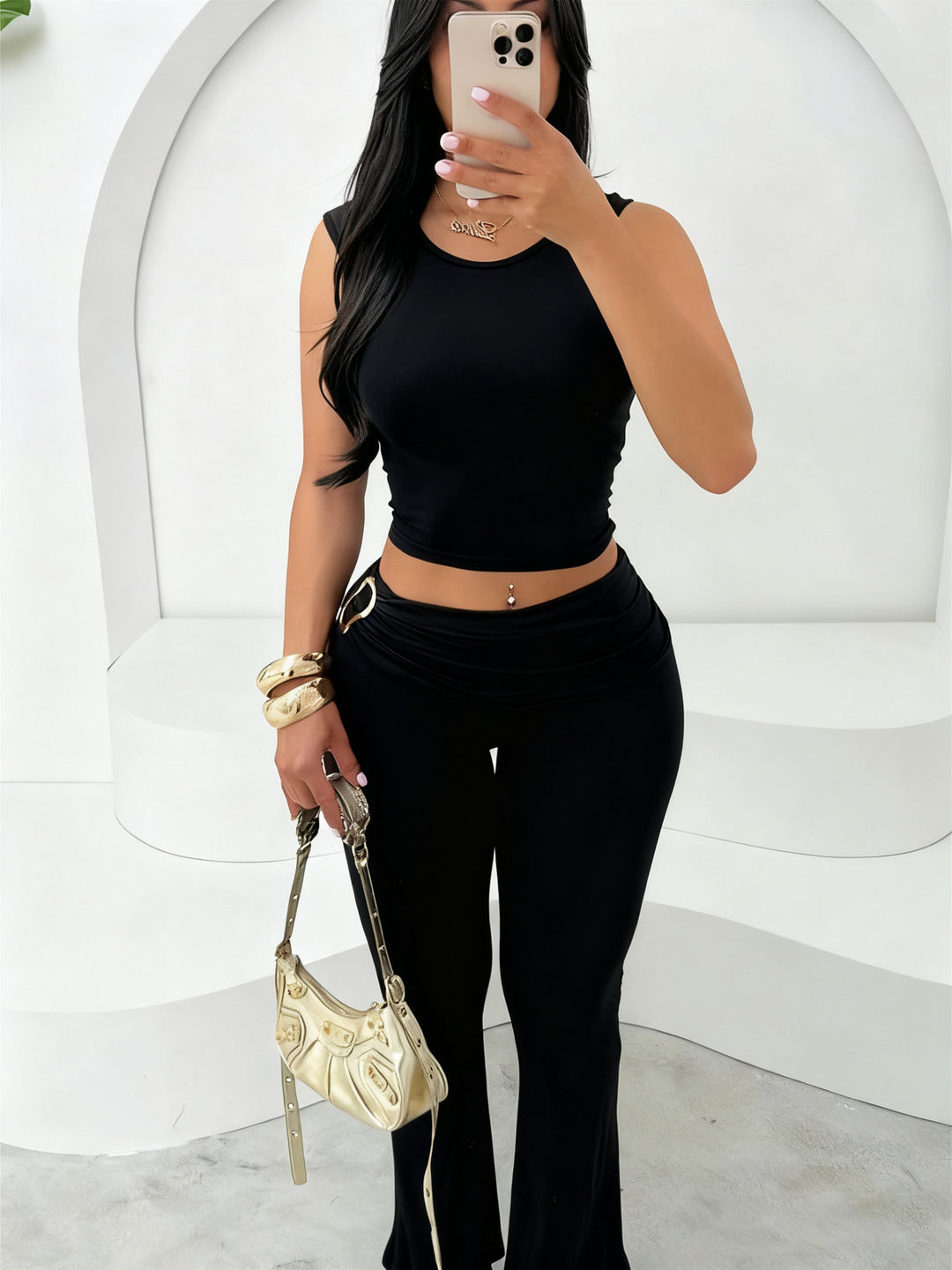 Damen figurbetontes Crop-Top und flared Leggings Set EB