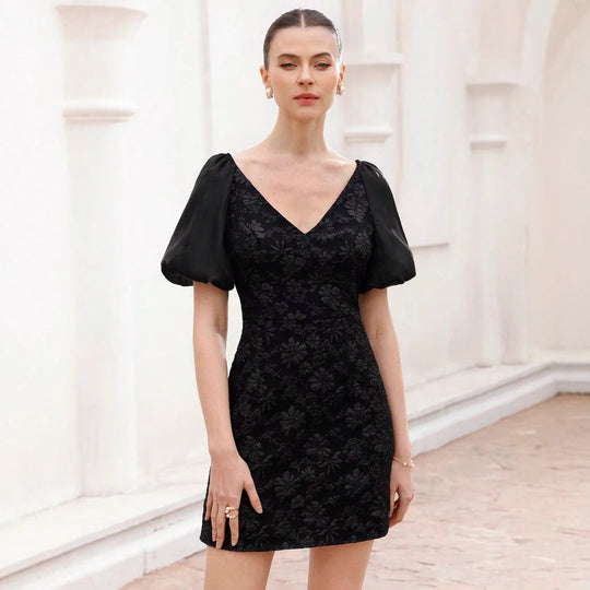 Damen Puffärmel Minikleid mit floralem Jacquard-Muster EB