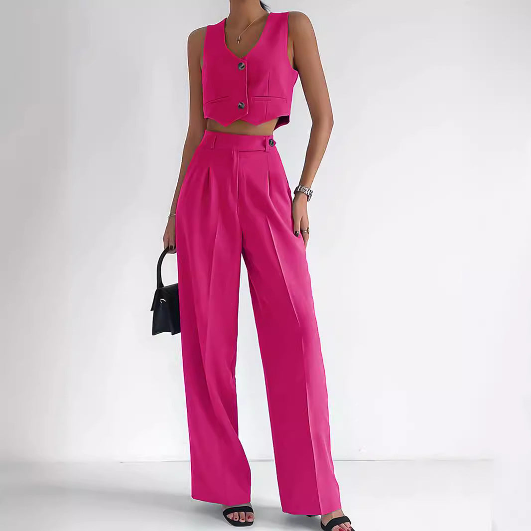 Damen Modisches Zweiteiler-Set aus ärmellosem Cropped Top und weiter Hose EB