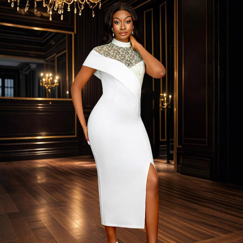 Damen Elegantes Hochzeitskleid mit transparentem Spitzenoberteil und asymmetrischem Design EB