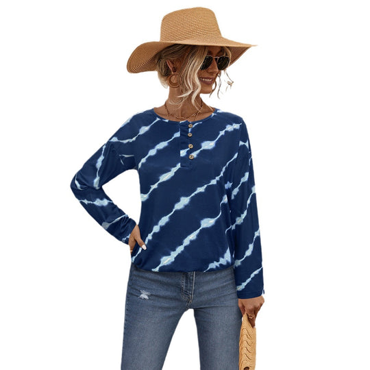 Damen Langarmshirt mit dekorativem Knopfleisten-Design und modernem Batikmuster EB