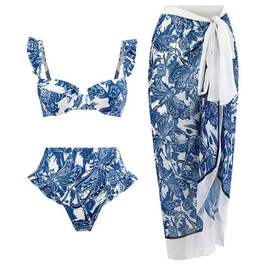 Damen Bikini-Set mit rüschenverziertem Oberteil und hoch taillierter Hose EB