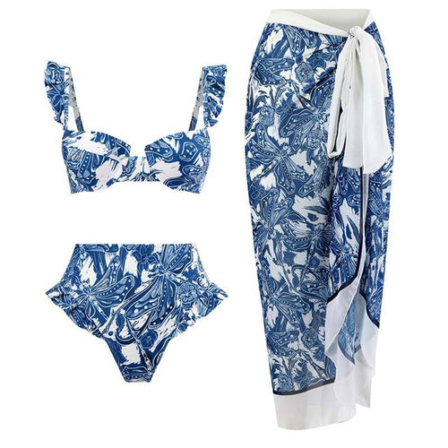 Damen Bikini-Set mit rüschenverziertem Oberteil und hoch taillierter Hose EB