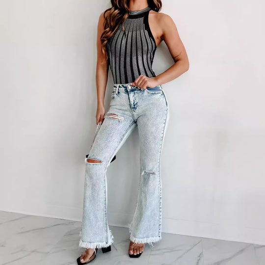 Damen Flared Jeans mit modischen Fransen und Rissen EB