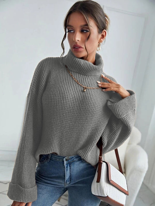 Damen Oversized Pullover mit hohem Kragen und strukturiertem Design EB